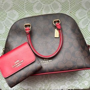 Coach Katy Signature Canvas Brown Red Dome Satchel Crossbody Bag/Wallet